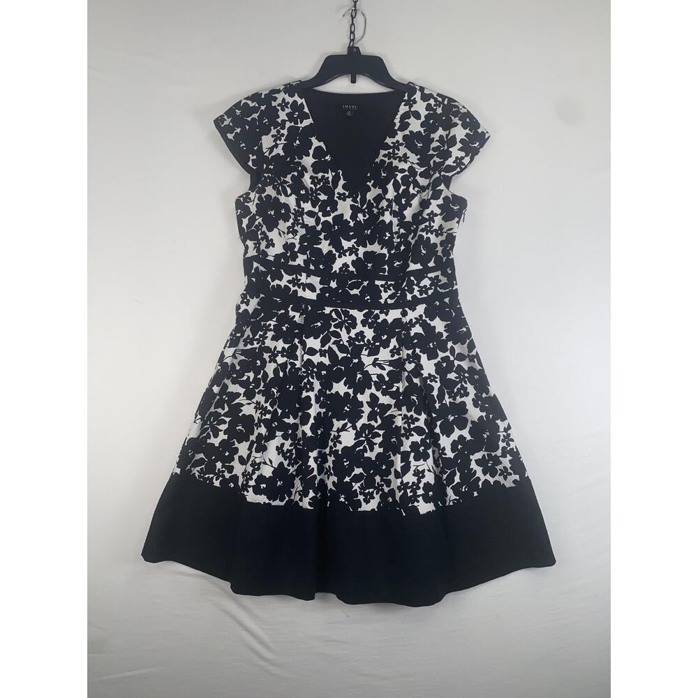 IMNYC Isaac Mizrahi Dress Womens 12 Black Floral Fit Flare V Neck Knee Length